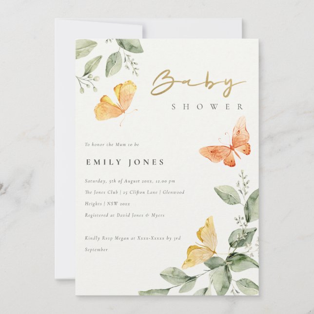 Cute Garden Foliage Butterflies Baby Shower Invitation (Front)