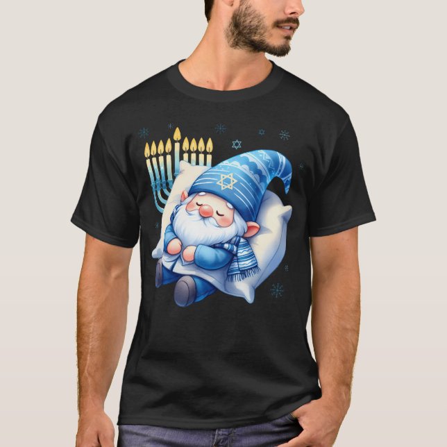 Cute Garden Gnome Jewish Hanukkah Sleeping T-Shirt (Front)