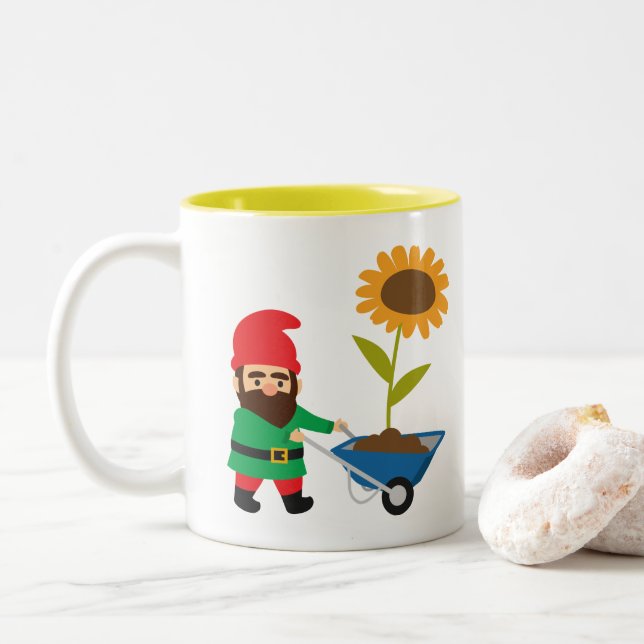 Cute garden gnomes fun Two-Tone coffee mug (With Donut)