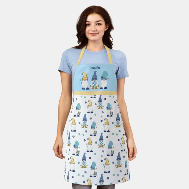 Cute Garden Gnomes Gold Blue Gingham  Apron (Worn)