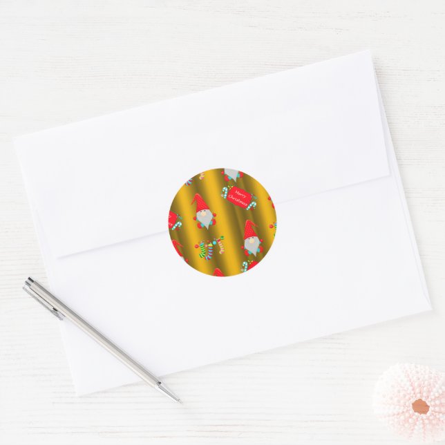 Cute Garden Gnomes Gold Christmas Classic Round Sticker (Envelope)