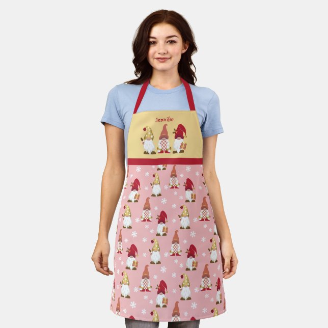 Cute Garden Gnomes Red Gold Pink Winter Apron (Worn)