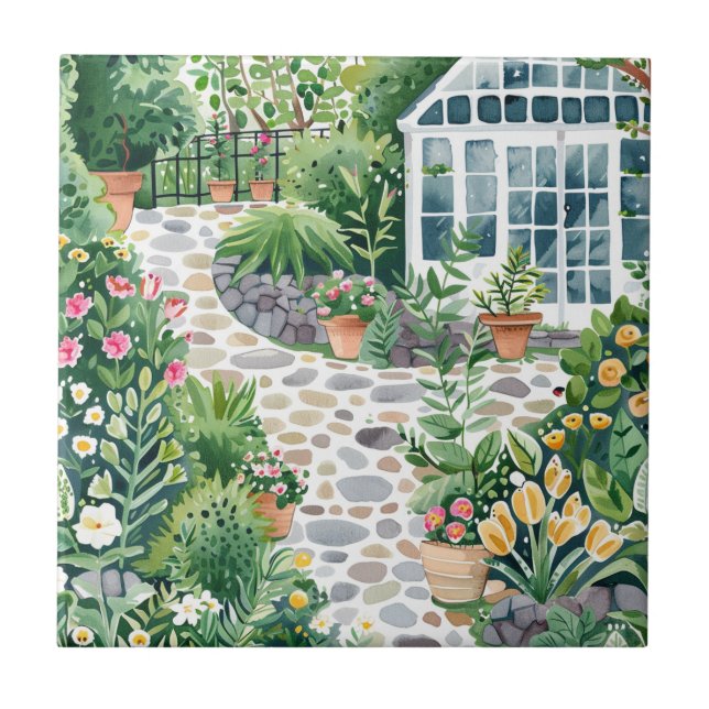 Cute Garden Greenhouse Ceramic Tile. Tile (Front)