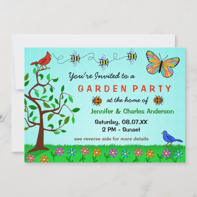 Cute Garden Party Whimsical Summer Flowers Bugs Invitation (Front)
