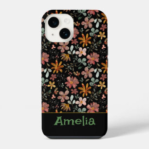Cute garden pink orange pattern name black iPhone 14 case
