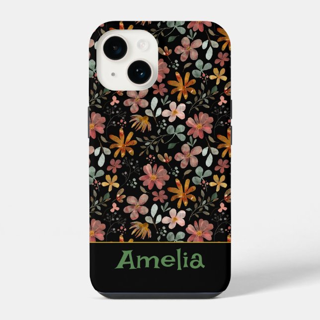 Cute garden pink orange pattern name black iPhone case (Back)