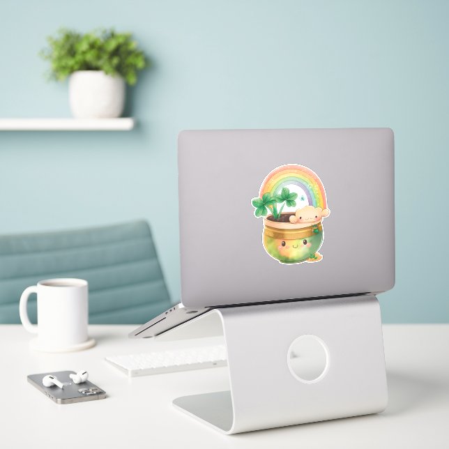 Cute Garden Planter with Rainbow & Clover (Laptop On Desk)