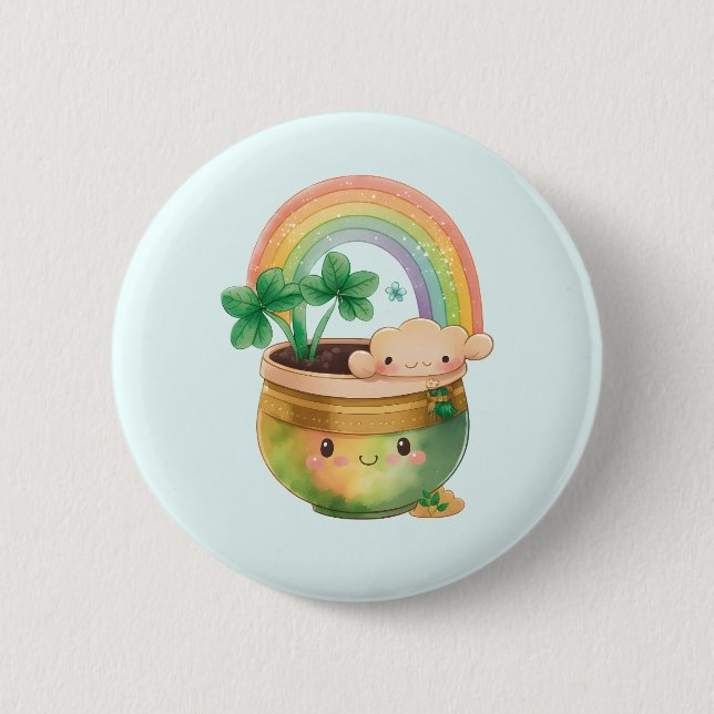 Cute Garden Planter with Rainbow & Clover 6 Cm Round Badge (Front)