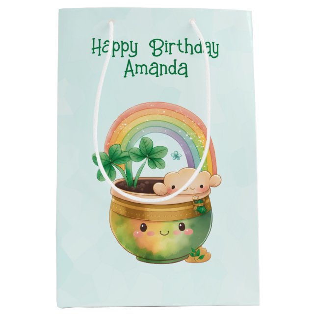 Cute Garden Planter with Rainbow & Clover Birthday Medium Gift Bag (Front)