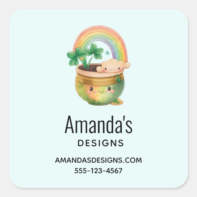Cute Garden Planter with Rainbow & Clover Business Square Sticker (Front)