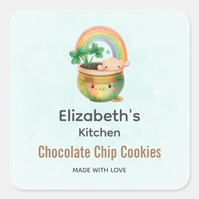 Cute Garden Planter with Rainbow & Clover Kitchen Square Sticker (Front)