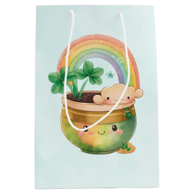 Cute Garden Planter with Rainbow & Clover Medium Gift Bag (Front)