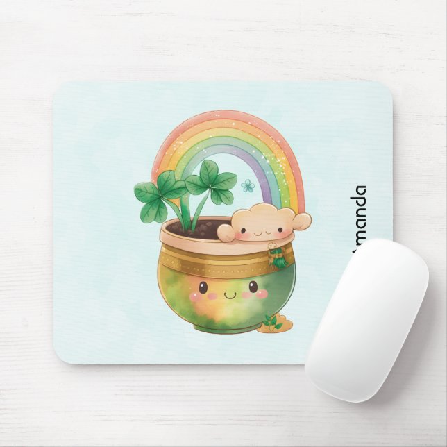 Cute Garden Planter with Rainbow & Clover Mouse Mat (With Mouse)