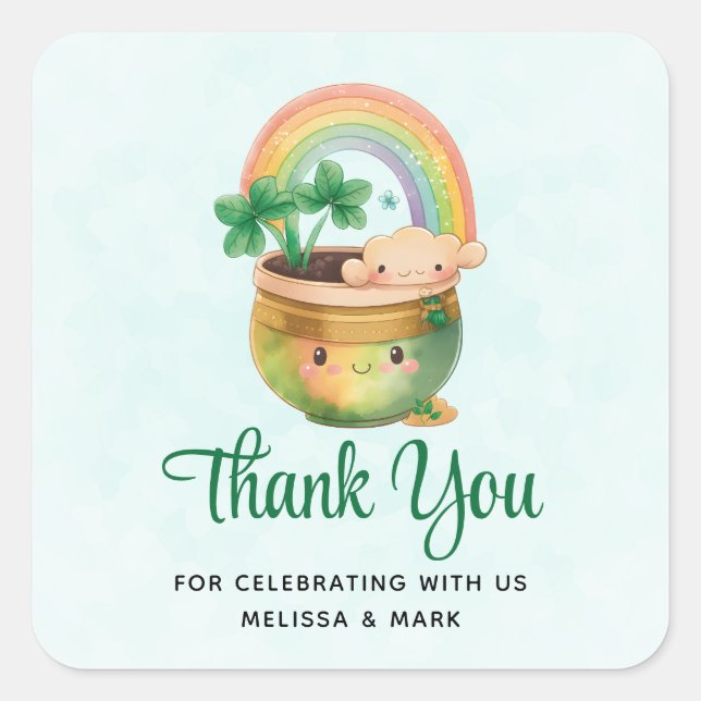 Cute Garden Planter with Rainbow & Clover Party Square Sticker (Front)