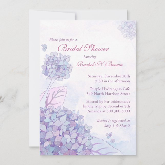 Cute Garden Purple Hydrangea Floral Bridal Shower Invitation (Front)
