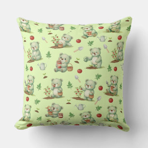 Cute Gardener Bear and Tomato Garden Seamless Patt Cushion