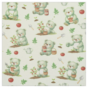Cute Gardener Bear and Tomato Garden Seamless Patt Fabric