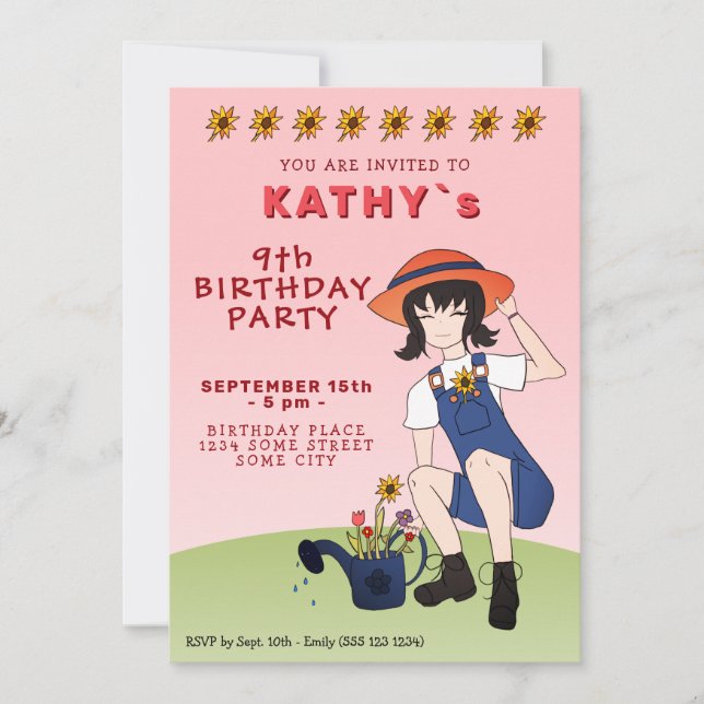 Cute Gardening Girl Flowers Black Hair Birthday Invitation (Front)