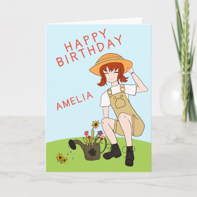 Cute Gardening Girl Flowers Brown Hair Birthday Card (Front)