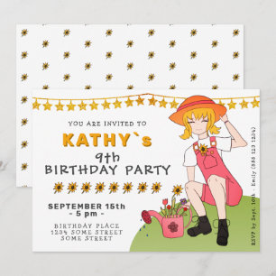 Cute Gardening Girl with Flowers Birthday Invitation