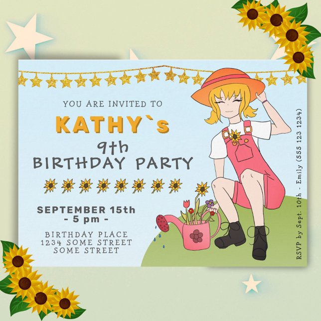 Cute Gardening Girl with Flowers Birthday Invitation (Creator Uploaded)