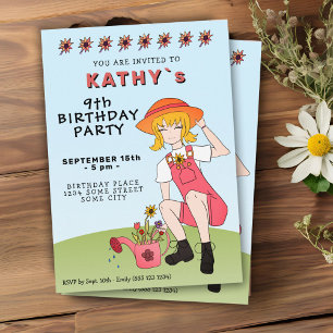 Cute Gardening Girl with Flowers Birthday Invitation