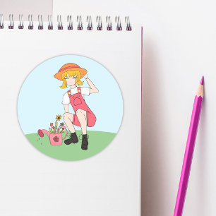 Cute Gardening Girl with Flowers Blonde Hair Classic Round Sticker