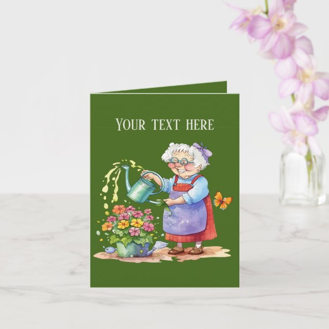Cute Gardening old lady add message  Card (Orchid)