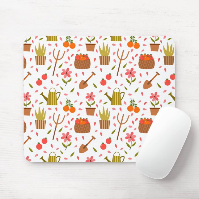 Cute Gardening Tools and Plants Seamless Pattern Mouse Mat (With Mouse)