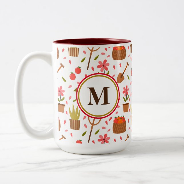 Cute Gardening Tools and Plants Seamless Pattern Two-Tone Coffee Mug (Left)