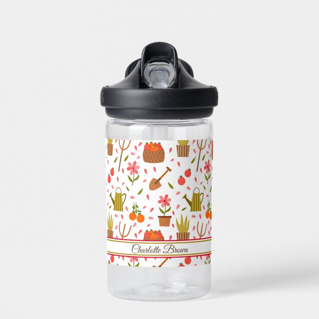 Cute Gardening Tools and Plants Seamless Pattern Water Bottle (Front)
