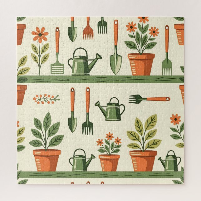 Cute Gardening Tools Floral Pattern Cozy Jigsaw Puzzle (Vertical)