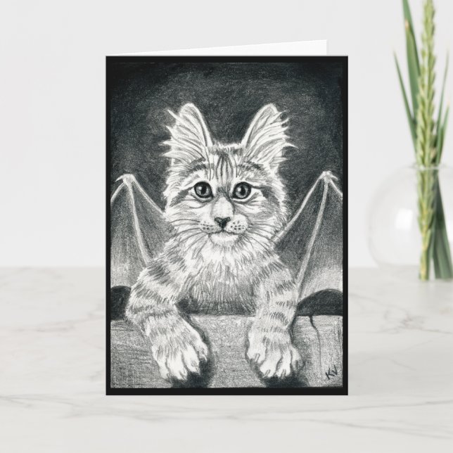 Cute Gargoyle Cat black white Halloween card (Front)