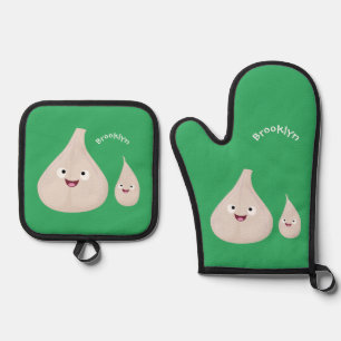Cute garlic cartoon vegetable illustration oven mitt & pot holder set