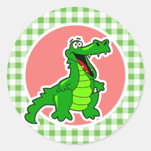 Cute Gator; Green Gingham Classic Round Sticker