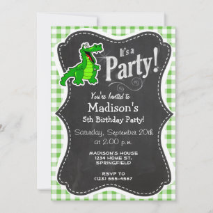 Cute Gator; Green Gingham Invitation