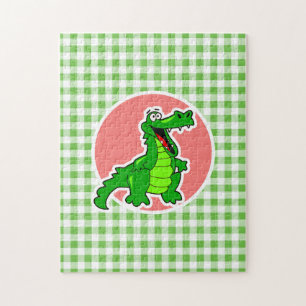 Cute Gator; Green Gingham Jigsaw Puzzle