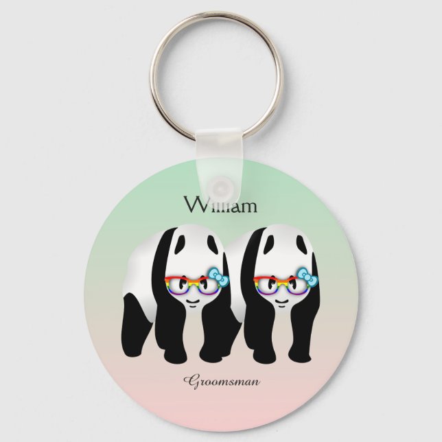 Cute Gay Pandas Rainbow Wearing Glasses Key Ring (Front)