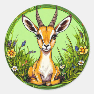 Cute Gazelle in a Floral Grassland Scene Classic Round Sticker