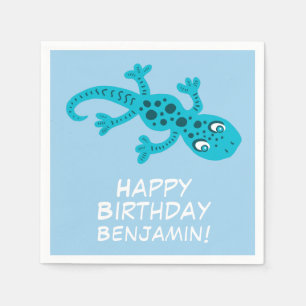 Cute Gecko Blue Name Kid`s Birthday Party Napkin