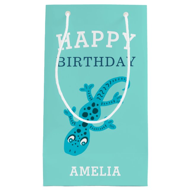 Cute Gecko Lizard Blue Boy Kids Birthday Small Gift Bag (Front)