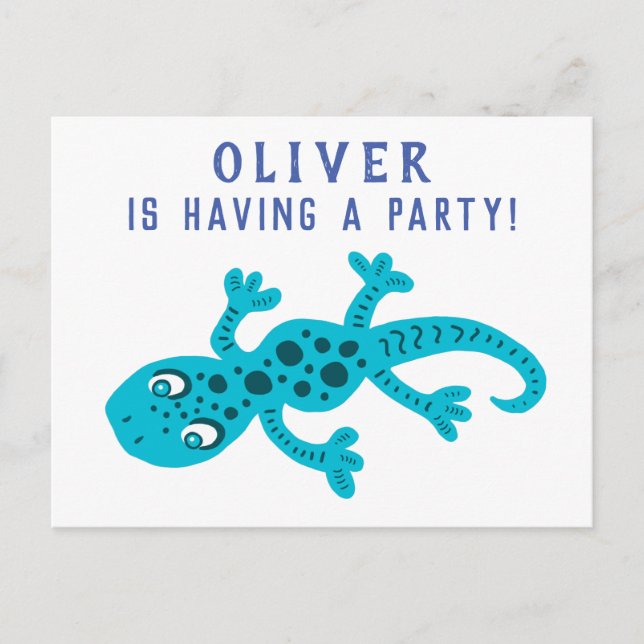 Cute Gecko Lizard Blue Kids Birthday Party Invitation Postcard (Front)
