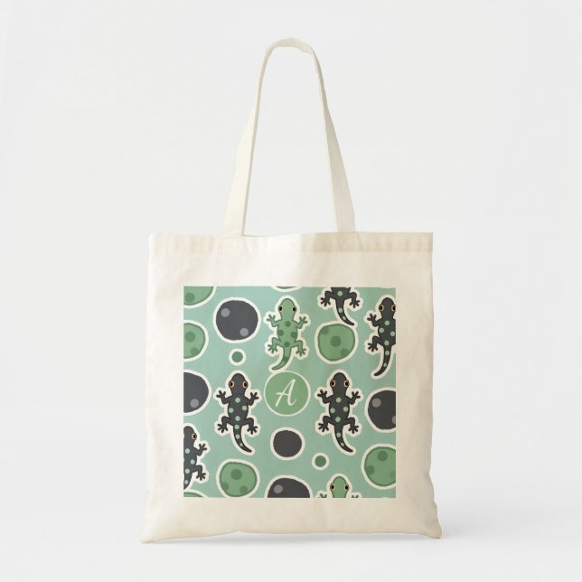 Cute Gecko Lizard Pattern Green and Black Budget Tote Bag (Front)