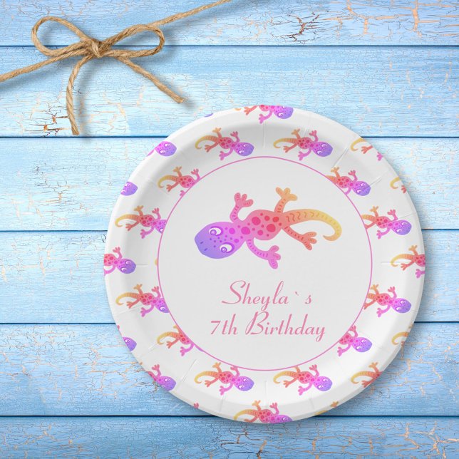 Cute Gecko Lizard Pink Rainbow Girl`s Birthday Paper Plate (Creator Uploaded)