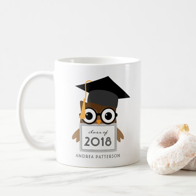 Cute Geeky Graduate Owl Personalised Graduation Coffee Mug (With Donut)