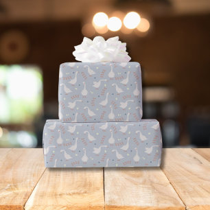 Cute Geese and Footprint Pattern on Pastel Blue Wrapping Paper