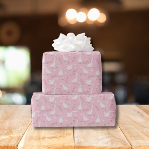 Cute Geese and Footprint Pattern on Pastel Pink Wrapping Paper