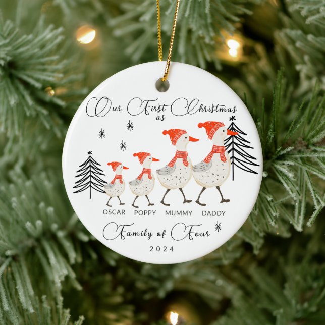 Cute Geese Family of Four First Christmas Ceramic Tree Decoration (Tree)