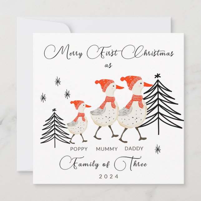 Cute Geese Family of Three First Christmas Holiday Card (Front)