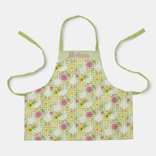Cute Geese With Hand Drawn Flowers - Green Check  Apron